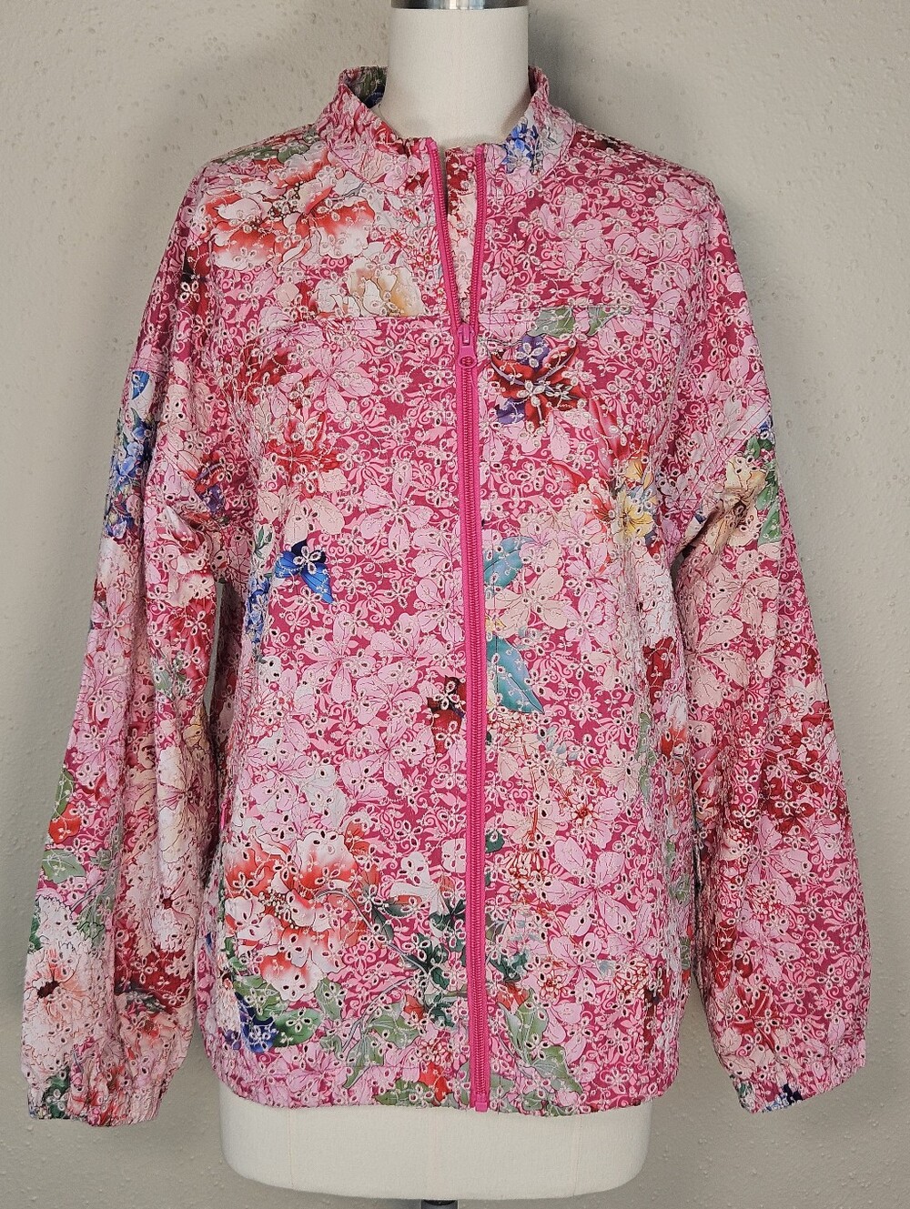 Johnny Was Bee Active Frame Eyelet Sport Zip Jacket Floral Pink Small - Picture 2 of 9